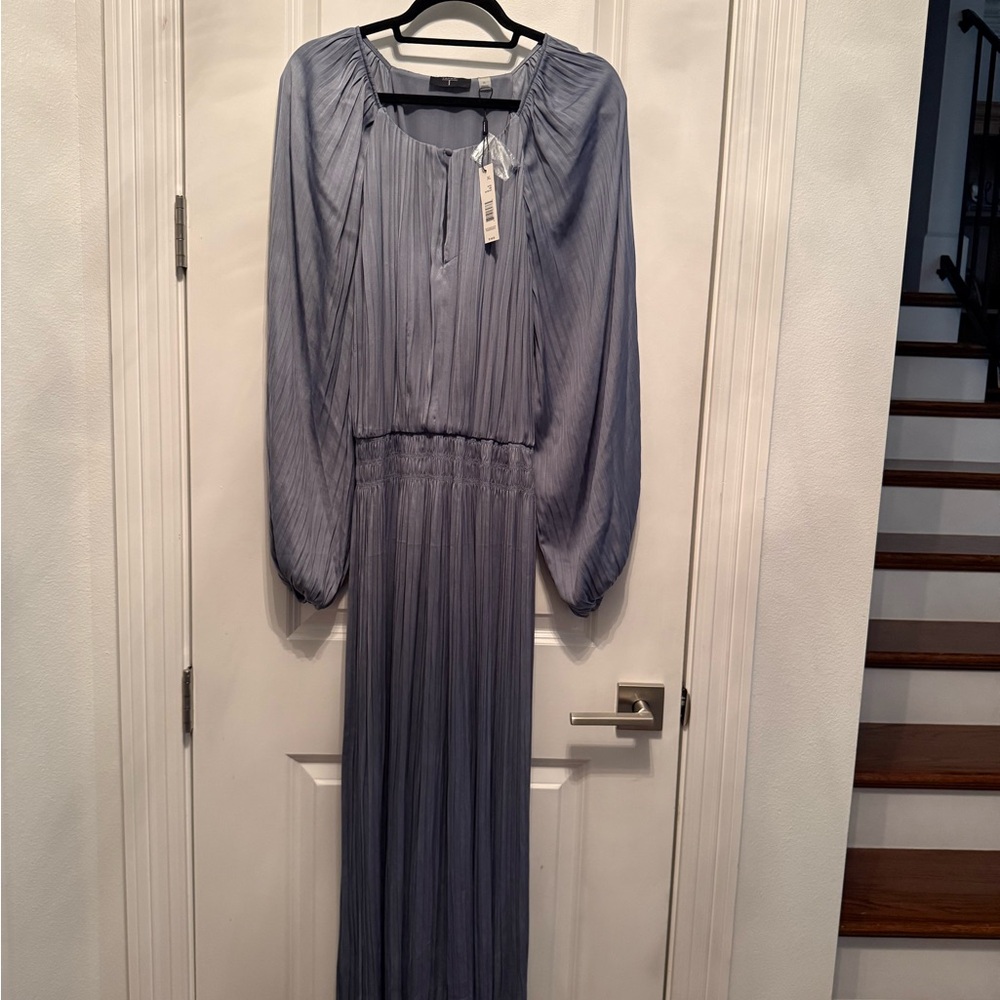 Tahari Steel Blue Pleated Maxi Dress